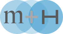 Muscles and Heart logo. Three blue circles with letters M and H.